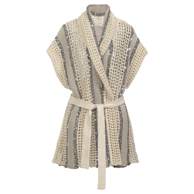 Brunello Cucinelli cream and gray woven open-knit net cardigan with sequin detailing