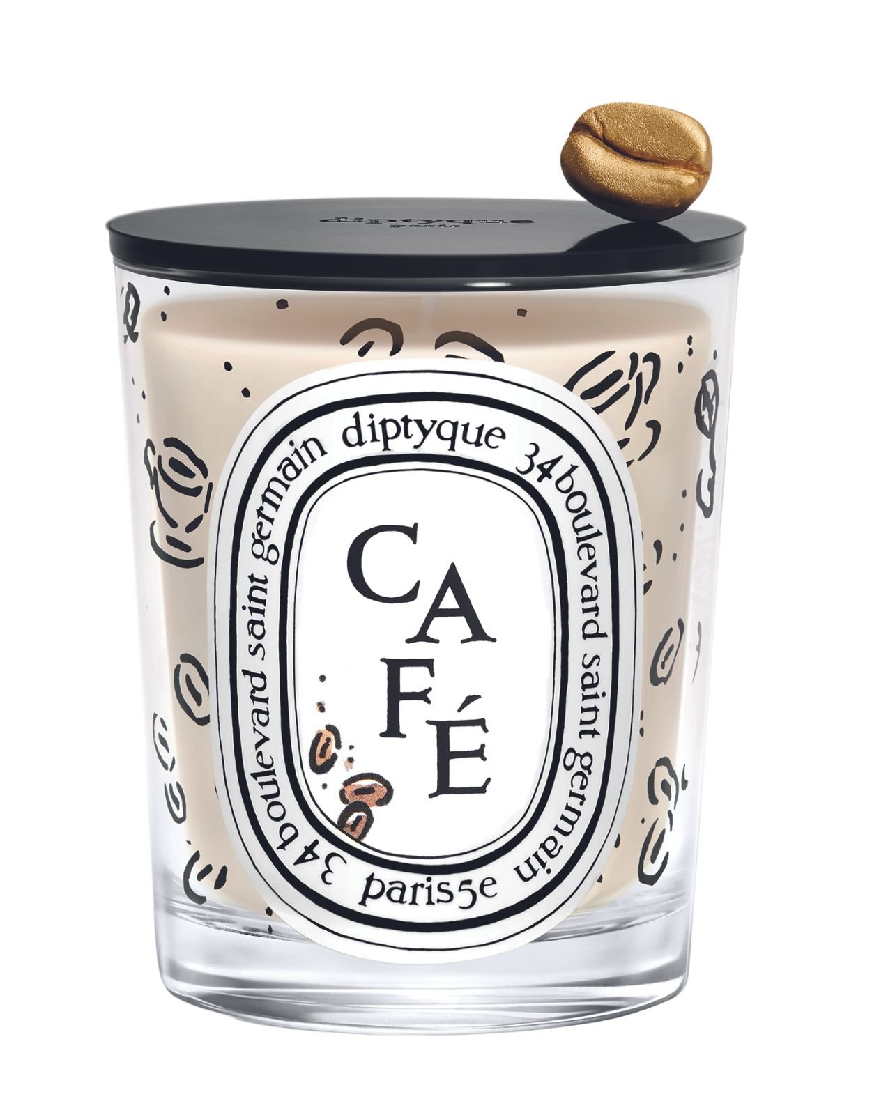 Diptyque candle with black lid featuring a gold coffee bean