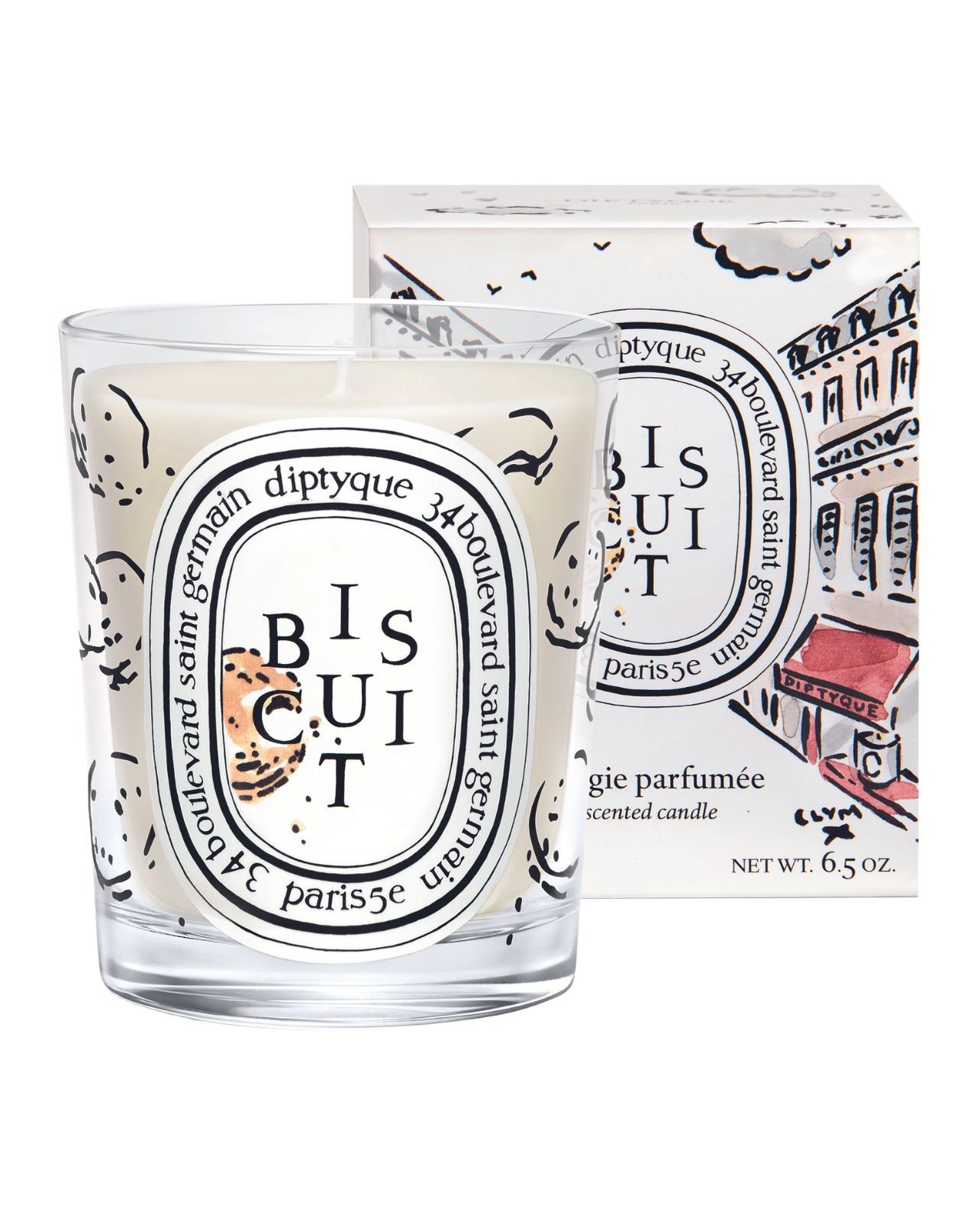 Diptyque biscuit scented candle with illustrated box