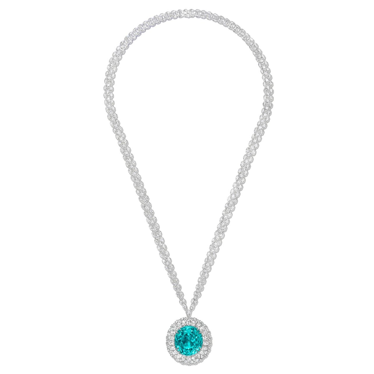 The Incredibles Collection paraíba tourmaline and diamond necklace featuring a 135-carat center stone and signature cluster diamonds.