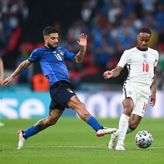 Two male soccer players playing on field