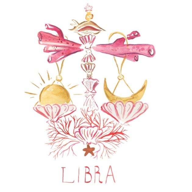 Illustration of libra astrology symbol featuring a scale in pink
