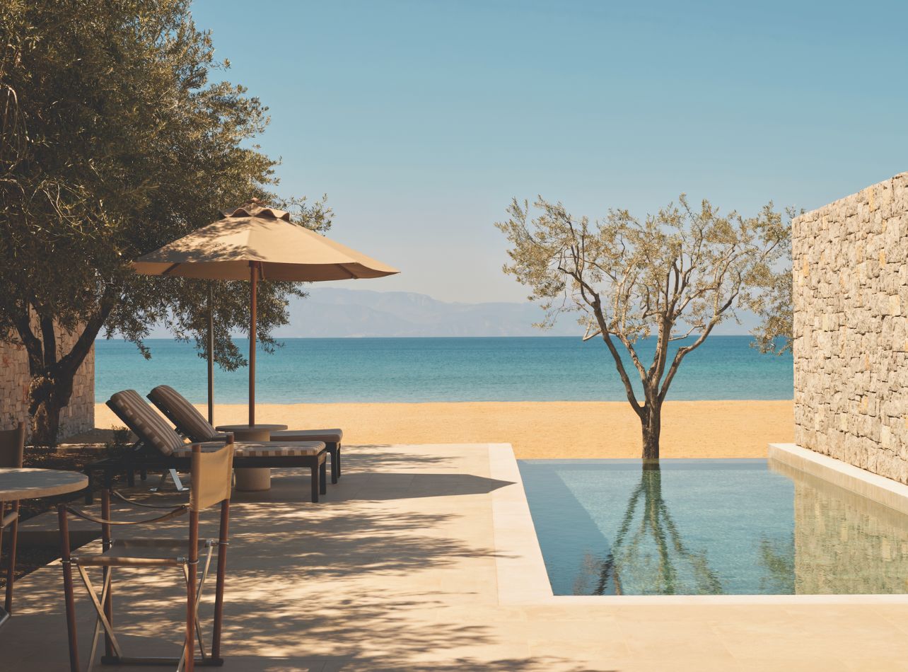 Beach Pavilion Pool at Amanzoe resort with a view of the ocean