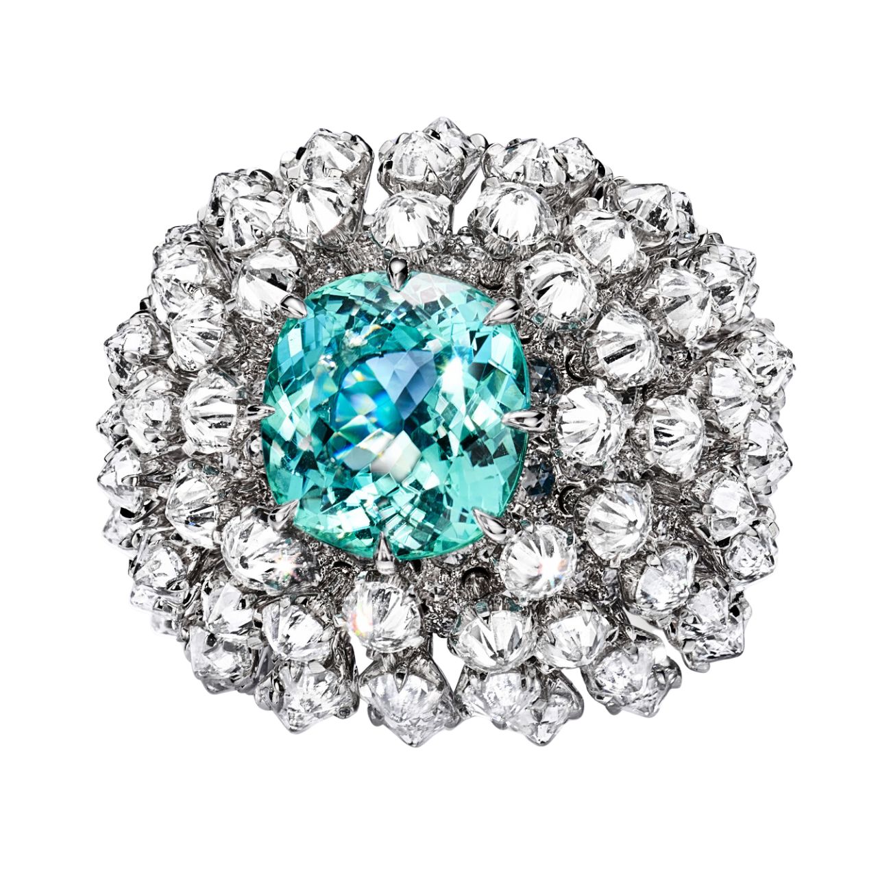 Ring in white gold featuring a blue cuprian elbaite tourmaline and diamonds from the 2023 Blue Book Collection.