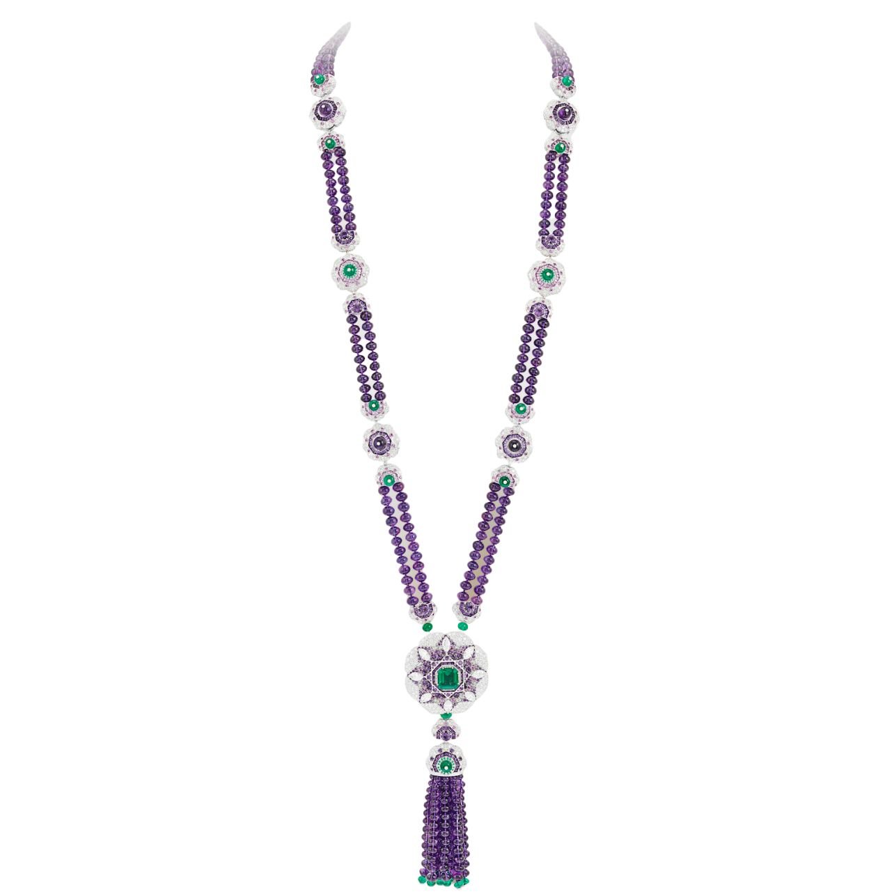 Delphinium necklace featuring a 5.33-carat emerald-cut emerald, pink sapphires, amethysts, and diamonds set in 18k white gold and platinum.
