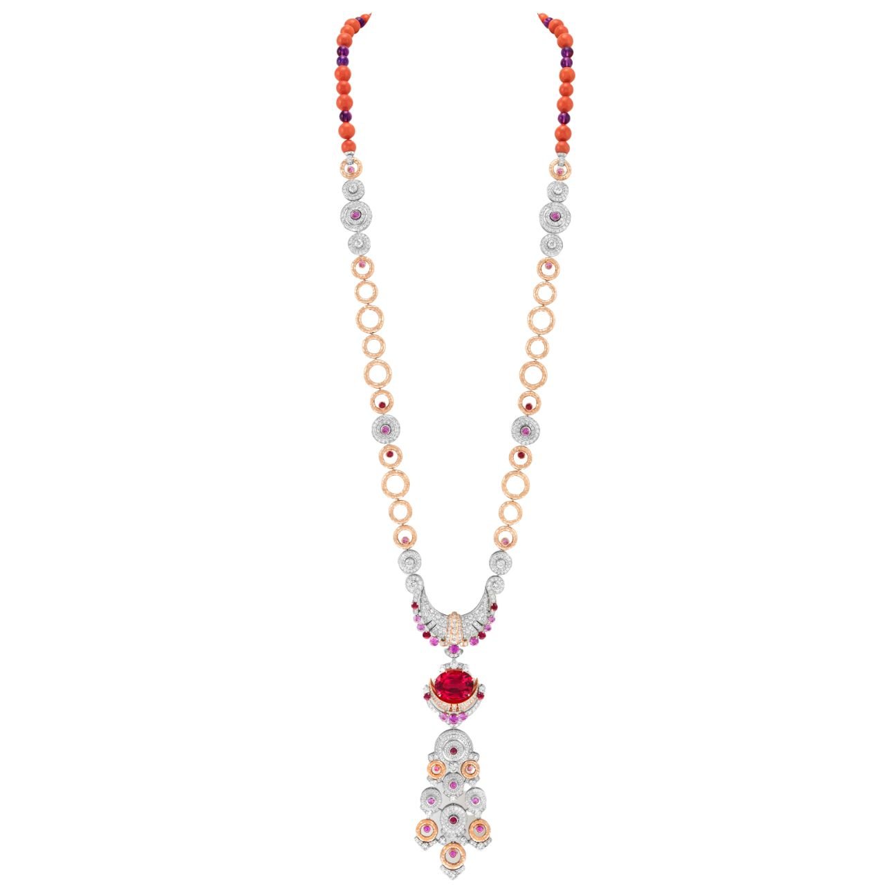 Lune rubellite necklace featuring an oval-cut 18.37-carat rubellite, rubies, pink sapphires, coral, amethysts, and diamonds set in 18k white gold and rose gold.