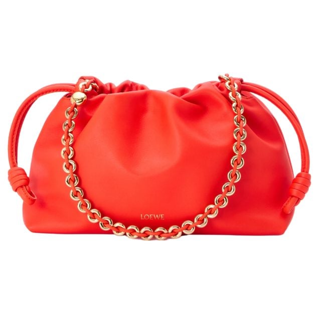 Loewe lambskin purse in vivid orange with gold chain