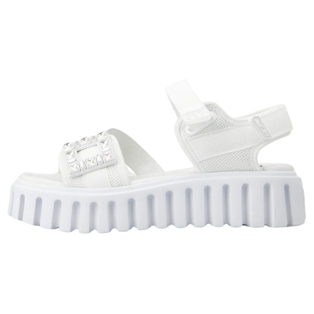 Roger Vivier white open toe shoes with crystal detailing on the side