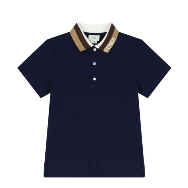 Couture Kids Fendi polo in navy with brown logo detailed collar