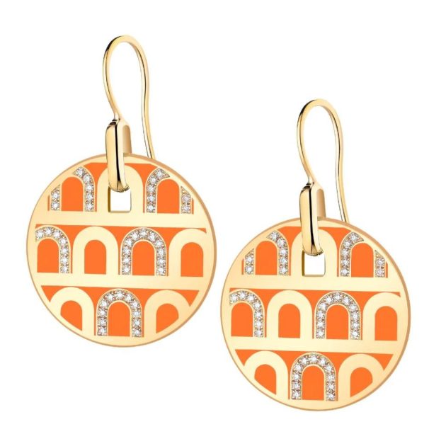 Davidor pendant earrings in 18k yellow gold, orange lacquered ceramic and colonnato diamonds