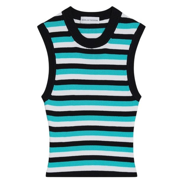 Scanlan Theodore crepe knit striped top in black, white and turquoise
