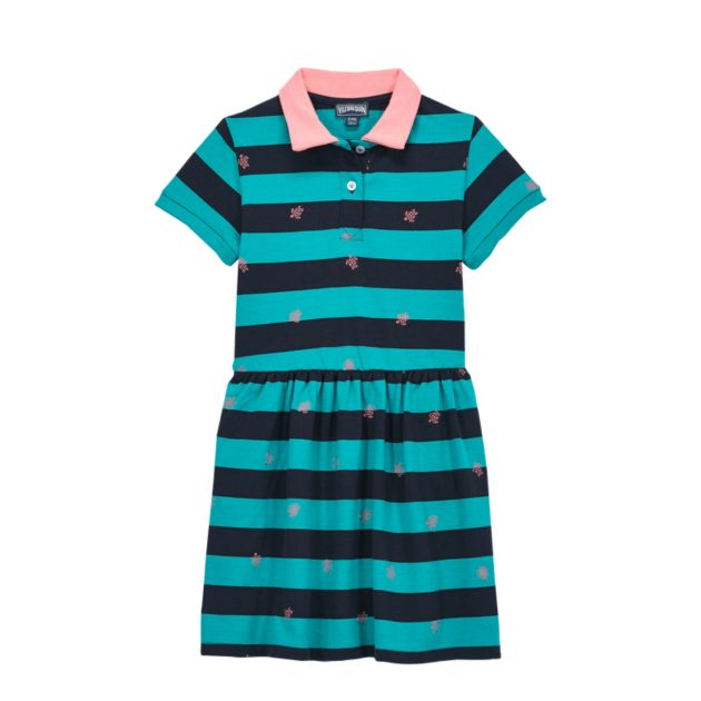 Vilebrequin girls collared dress in blue stripes with pink turtle prints