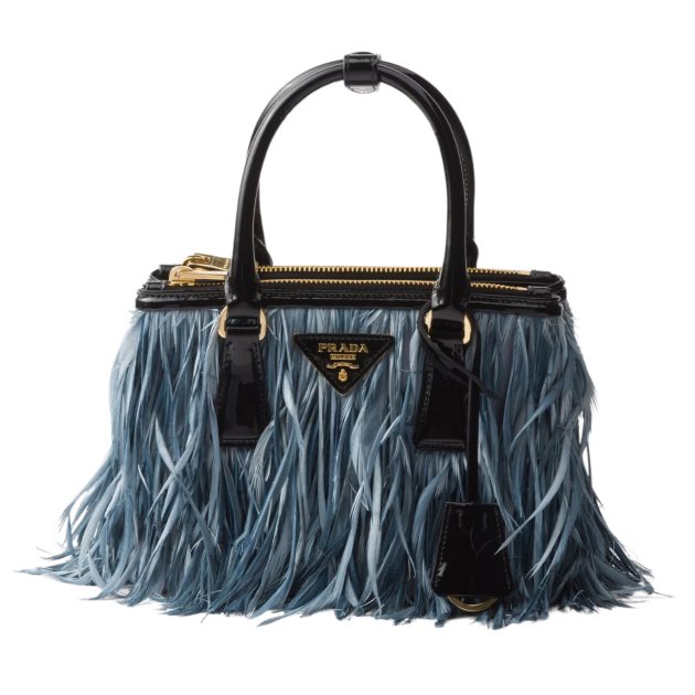 Prada black bag with blue feathers