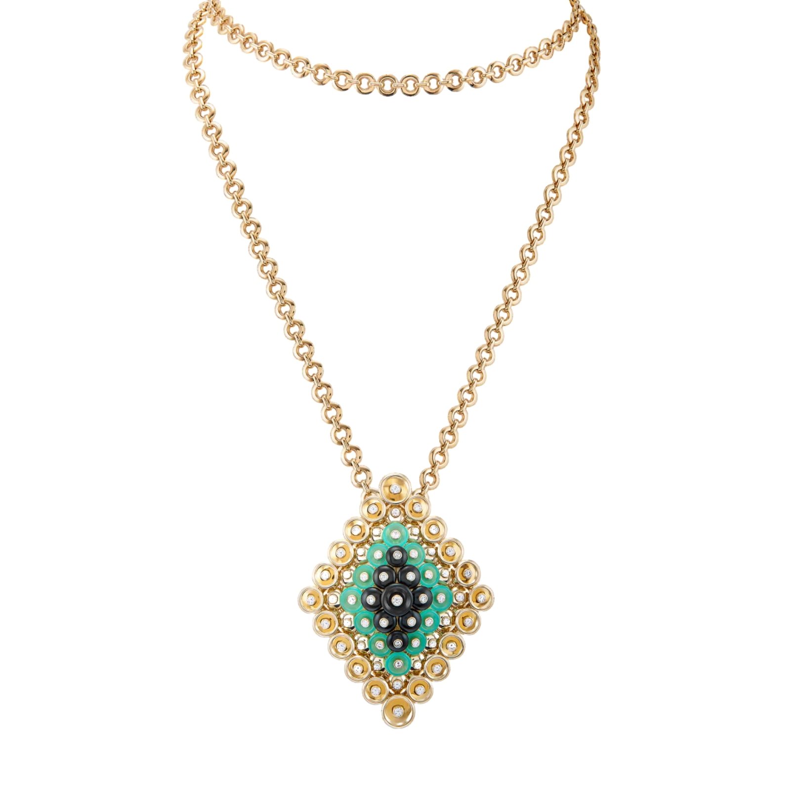 Van Cleef & Arpels pendant necklace with green, black and gold beads on a gold chain