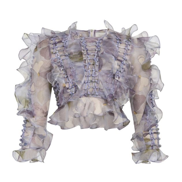 Zimmermann braided ruffle top in lilac with a floral pattern