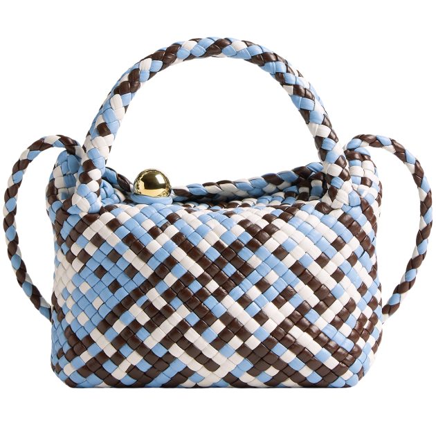 Bottega Veneta blue brown and white woven bag with a gold embellishment
