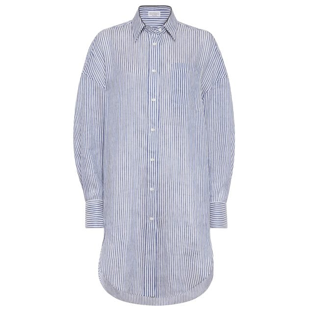 Brunello Cucinelli blue and white striped button up dress shirt