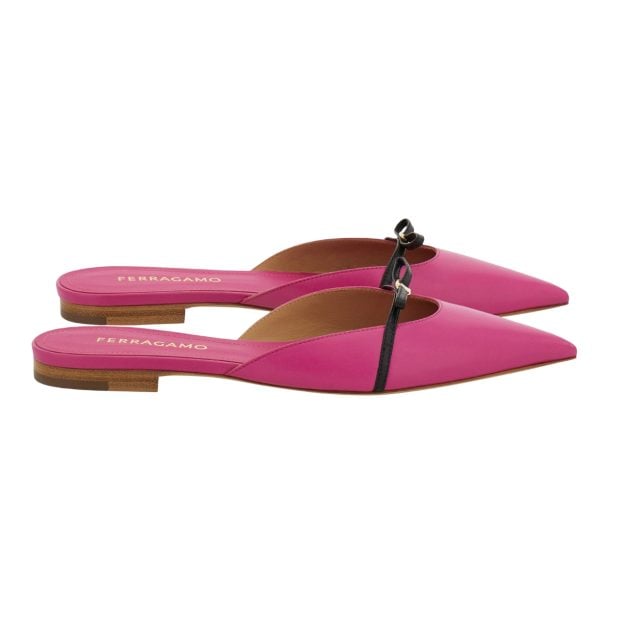 Ferragamo pink mini bow mule heels with black bows