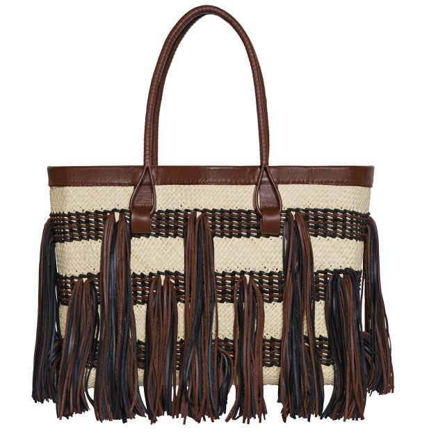 Johanna Ortiz brown and creme woven fringe bag