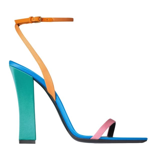Saint Laurent by Anthony Vaccarello blue, yellow, teal and orange strappy heels