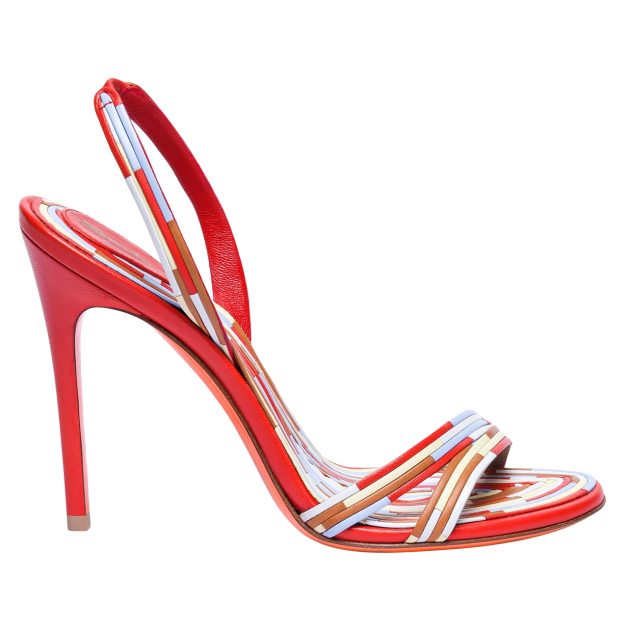 Santoni red stiletto heels with brown, blue, and white accents