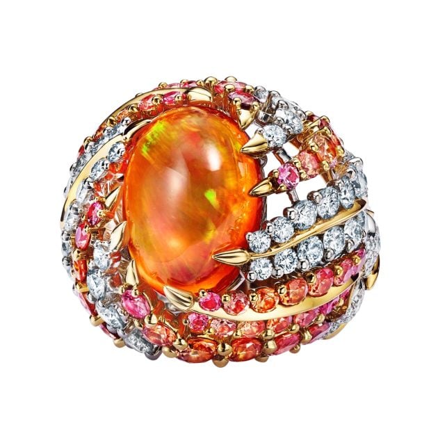 Tiffany & Co. orange phoenix fire opal ring with sapphires and diamonds