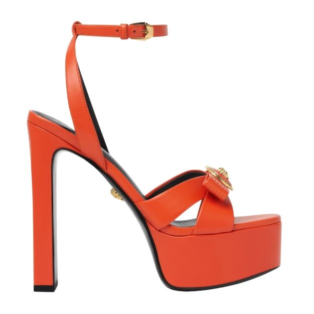 Versace red Gianni Ribbon platform sandals with gold accents