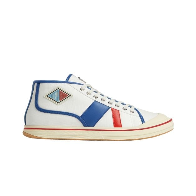 Bottega Veneta mid-top lace-up white sneakers featuring red and blue accents