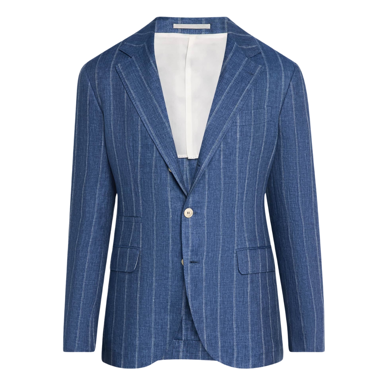 Brunello Cucinelli men's linen pinstripe breasted sport coat in denim color