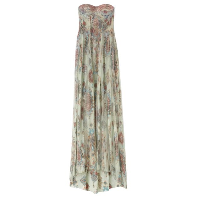 Ermanno Scervino paisley long strapless dress with colorful rhinestones