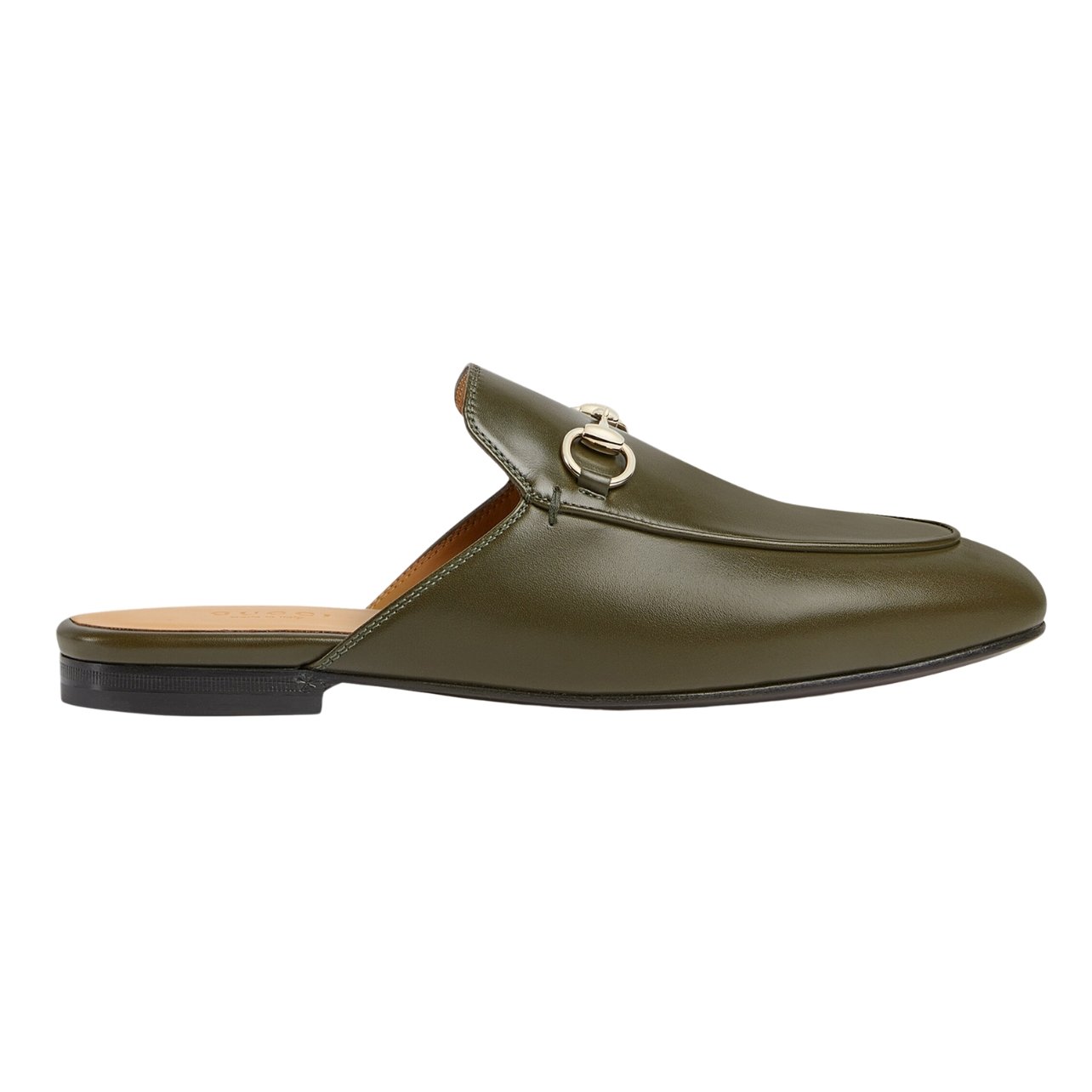 Gucci green leather slippers with gold metal details