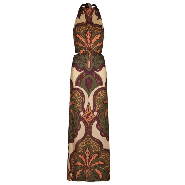 Johanna Ortiz paisley long dress in brown, green, and peach