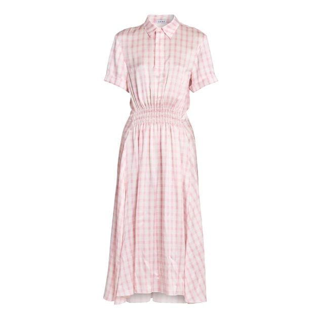 Loewe polo dress in silk satin with a pink and white check print