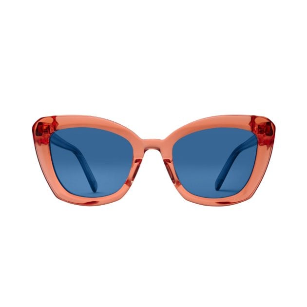 Morgenthal Frederics sunglasses with coral rims and blue tinted lenses