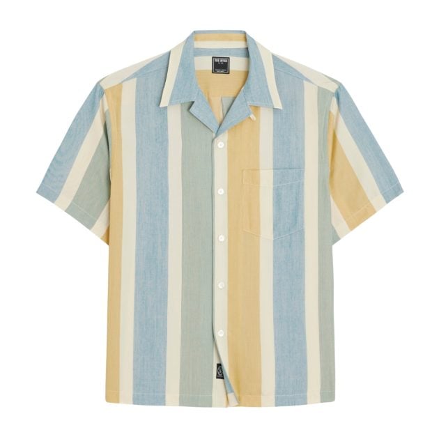Todd Snyder rayon striped short-sleeve button-up shirt with a collar