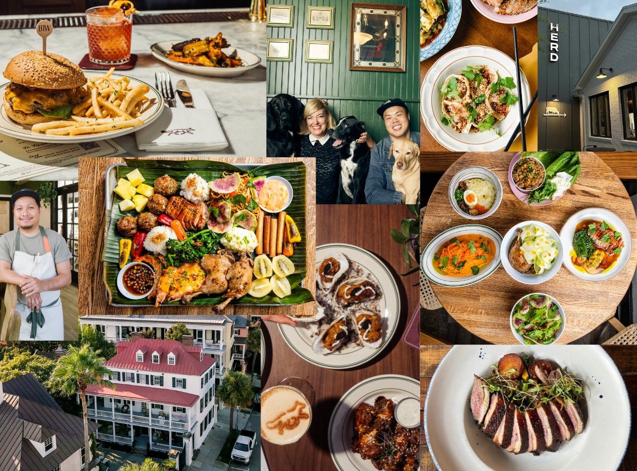 A collage of Charleston that includes food from restaurants and scenic images of the city and landscape