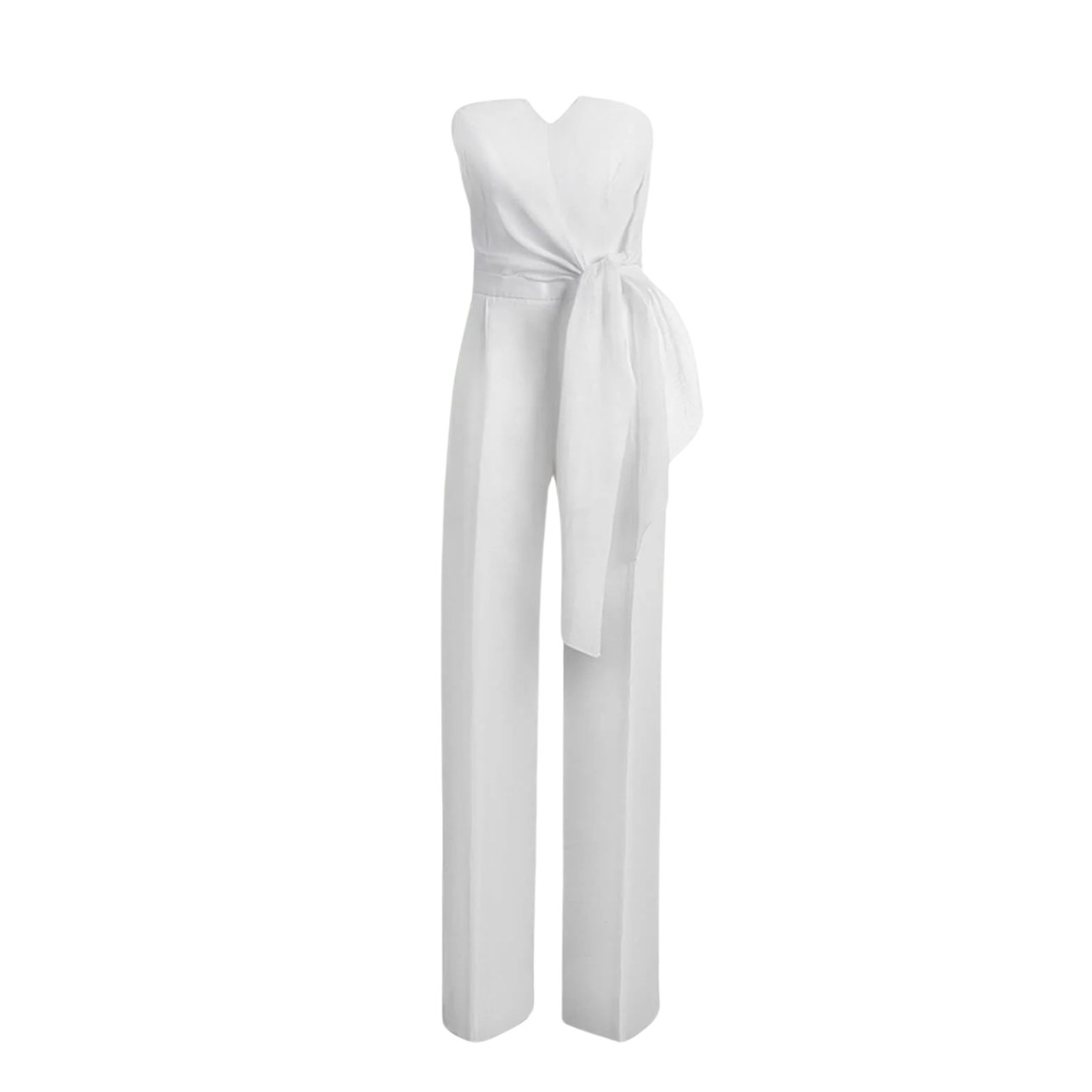 100% Capi white stapless jumpsuit with a big belted bow around the waist