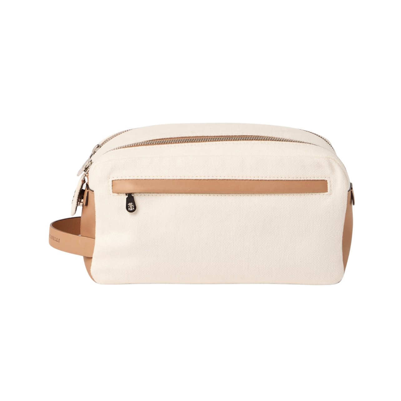 Brunello Cucinelli beauty case in a tan canvas with calfskin leather accents