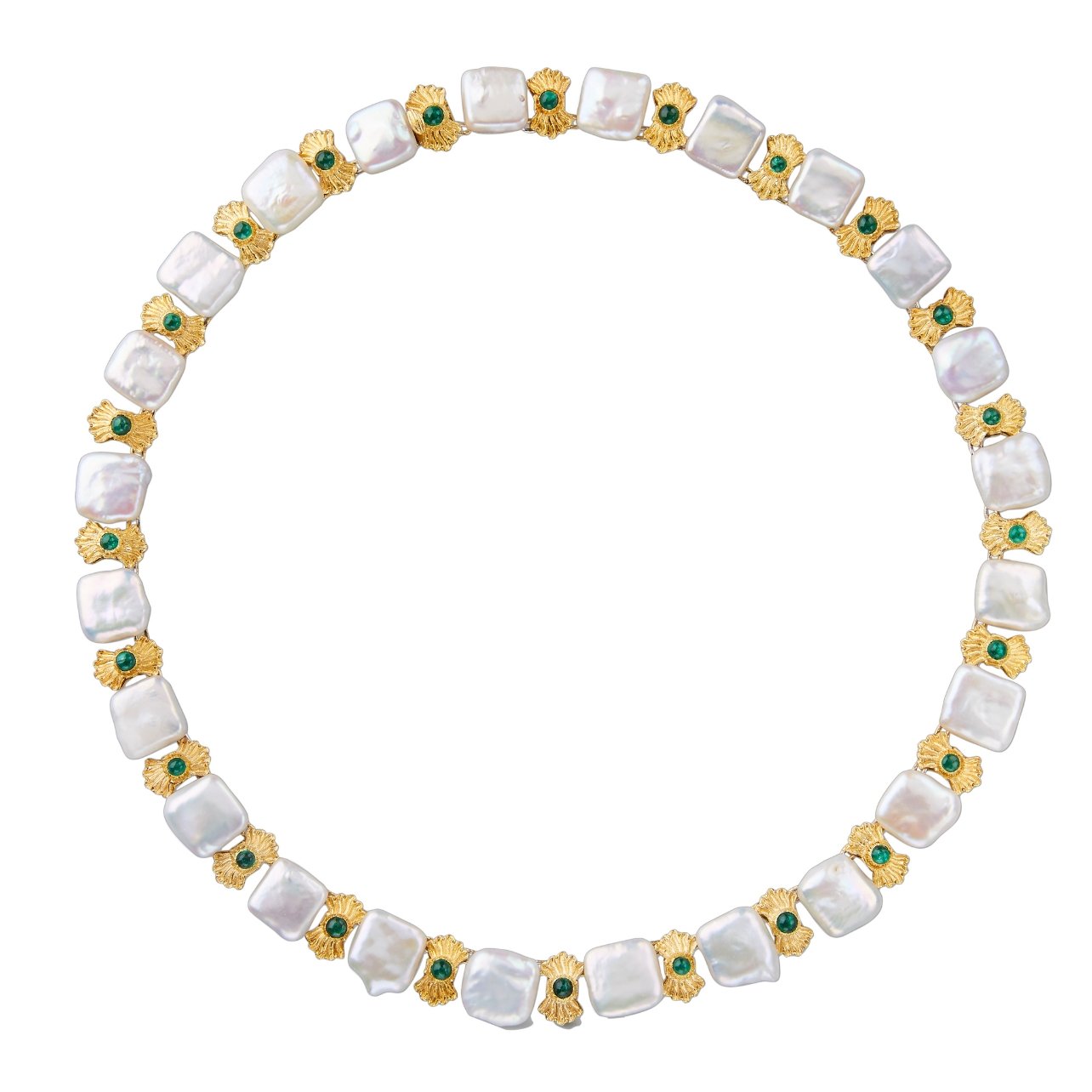 Buccellati necklace in yellow and white gold with emeralds and pearls