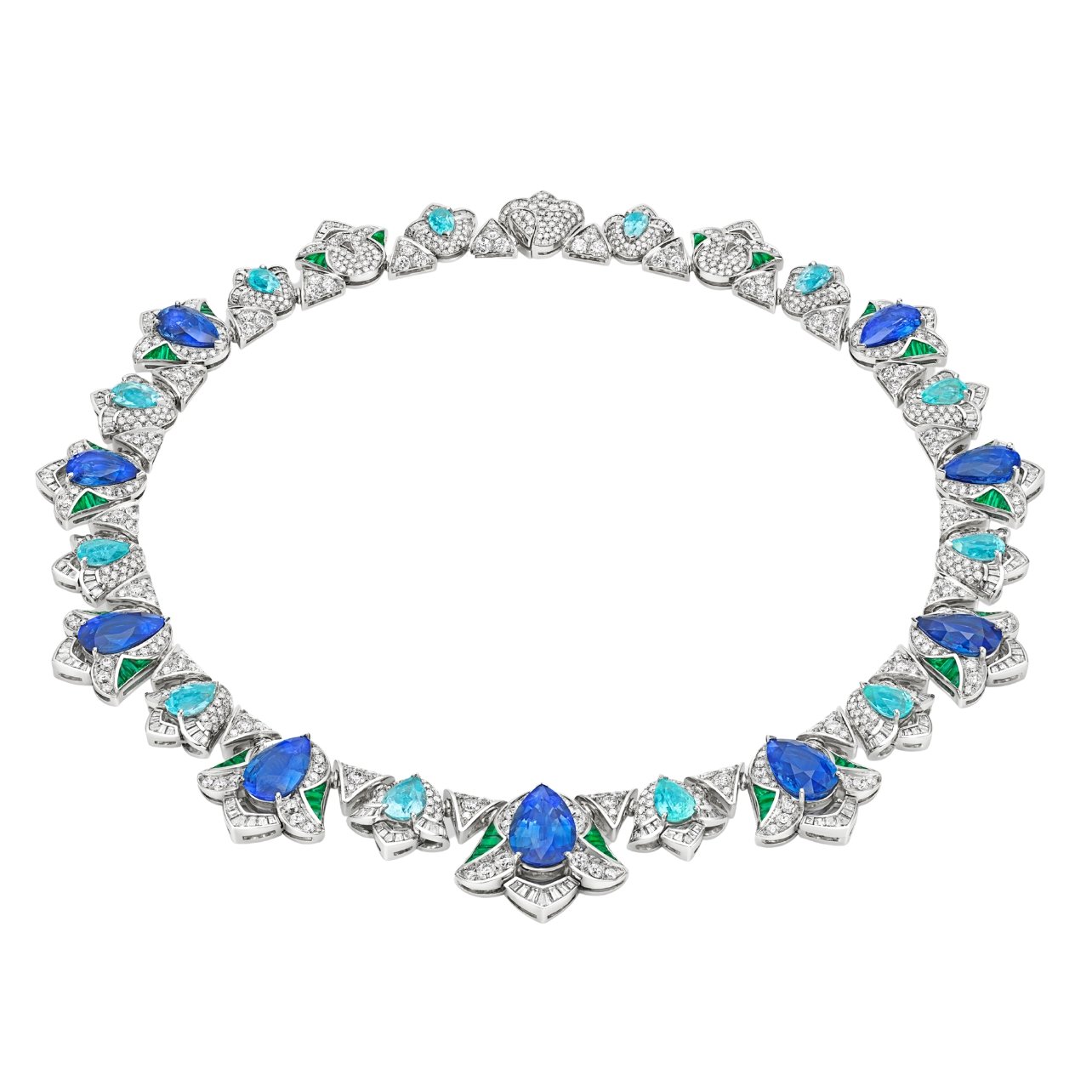 Bulgari silver diamond necklace with royal blue sapphires, paraiba tourmalines, emeralds, sapphires and diamonds