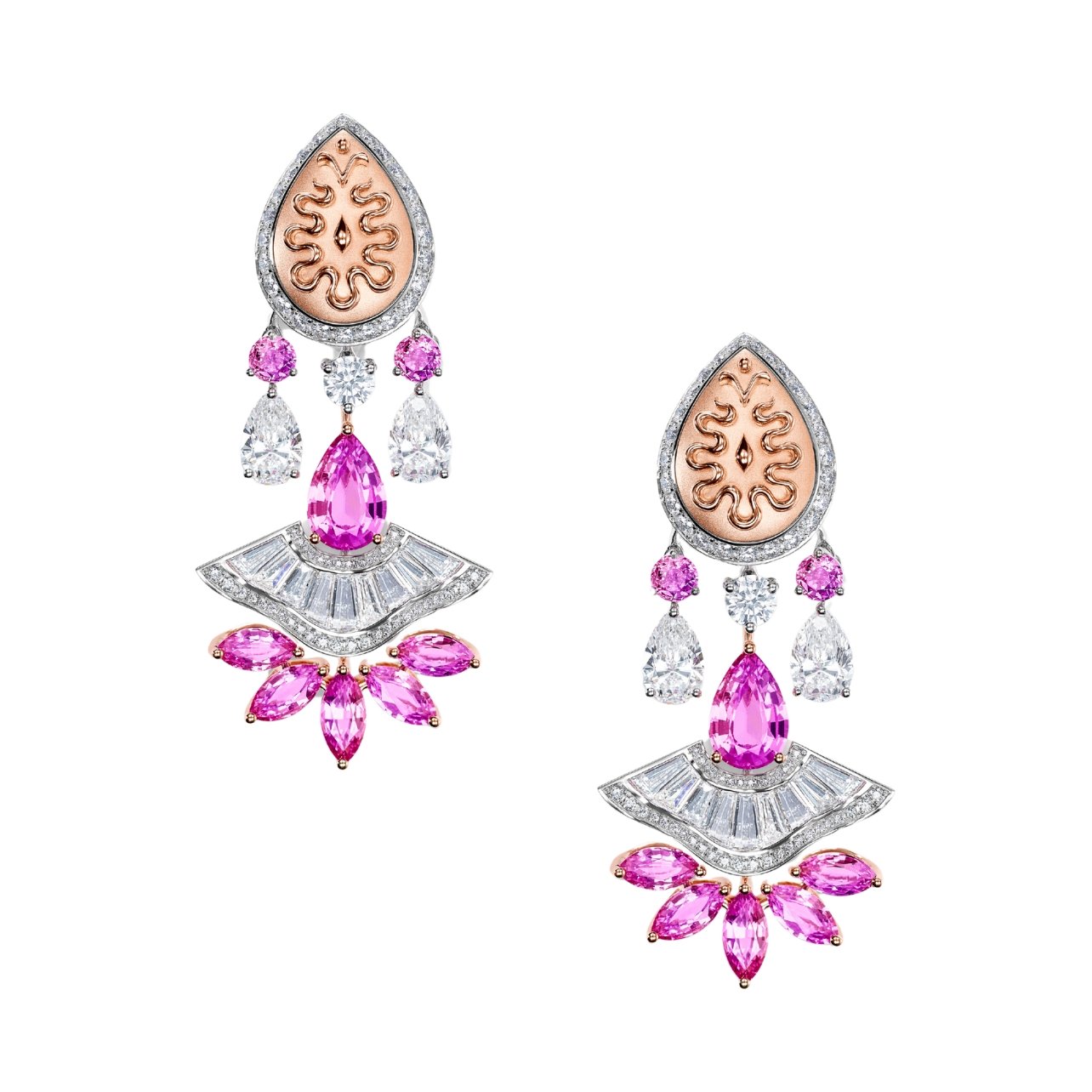 Chopard dangle earrings in rose gold with pink sapphires and diamonds