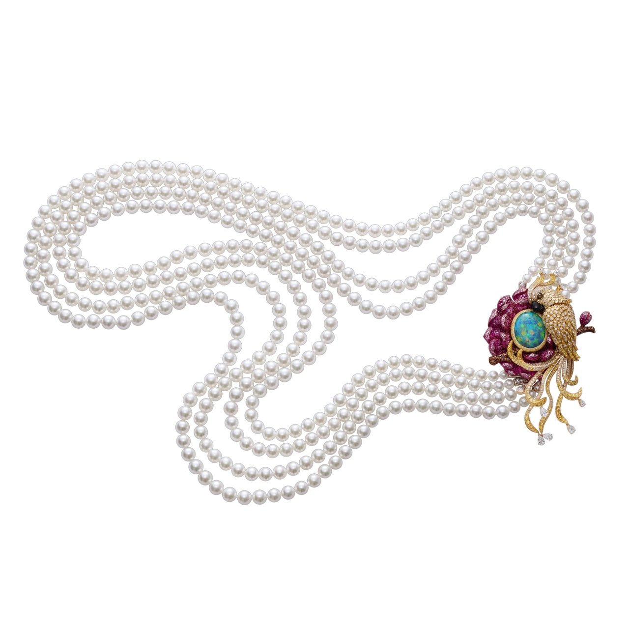 Chopard layered pearl necklace with a gold and diamond bird holding a stone made of diamonds, rubies, and sapphire