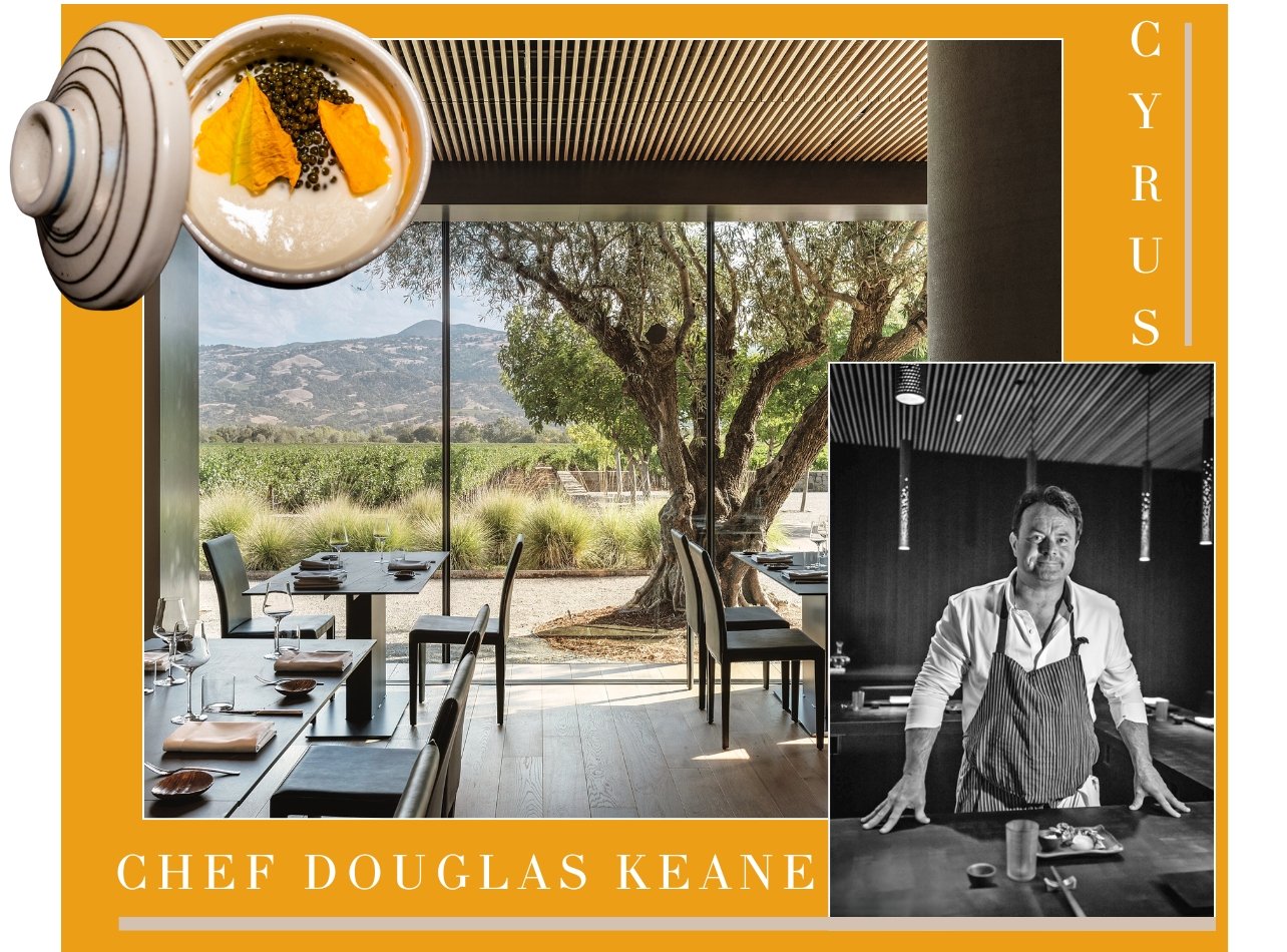 A yellow background with image of Cyrus Restaurant, plate of food and portrait of Chef Douglas Keane of Cyrus Restaurant
