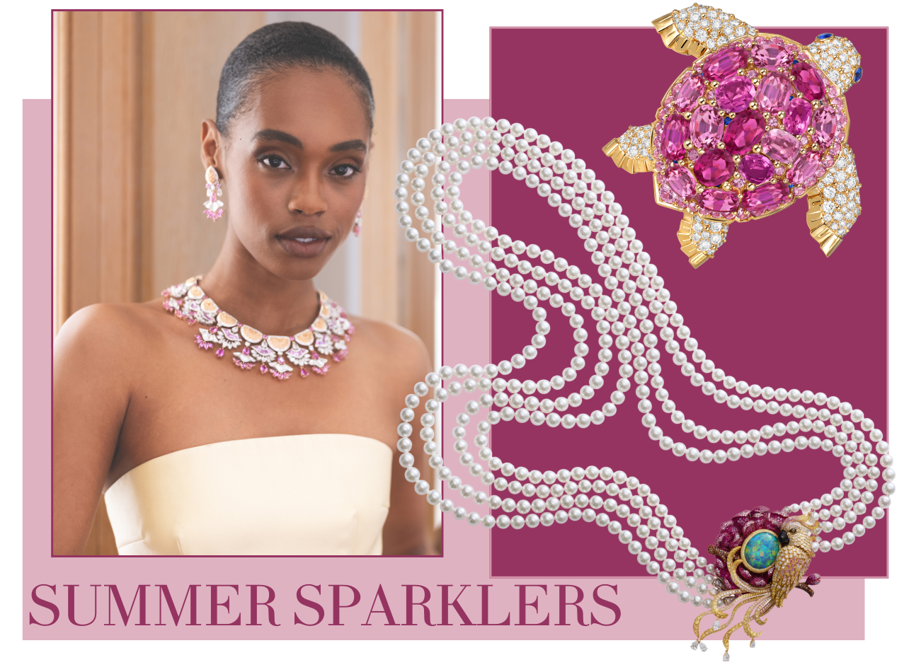 Collage of Model in a yellow dress with pink background and pearl necklace and pink diamond sapphire turtle