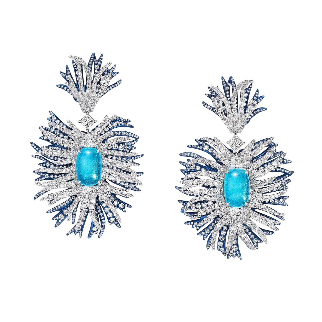 David Yurman white gold and aluminum drop earrings with diamonds and a paraiba stone in the center