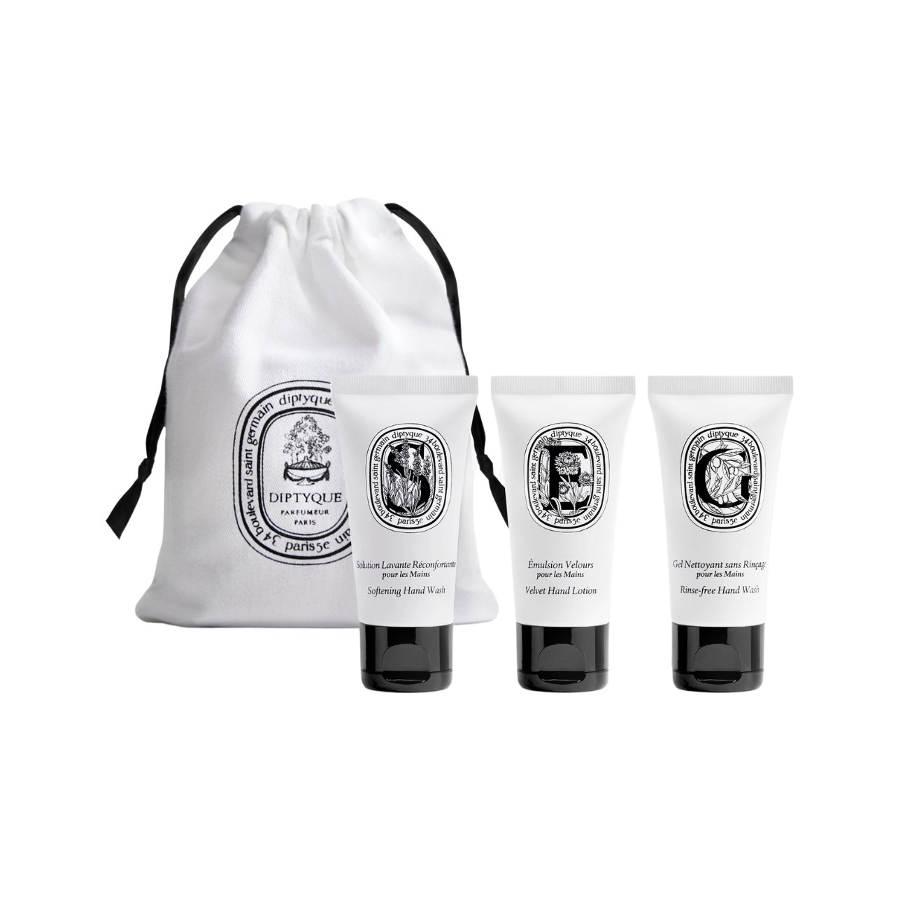 Diptyque travel skincare set with hand wash and lotion in white and black packaging