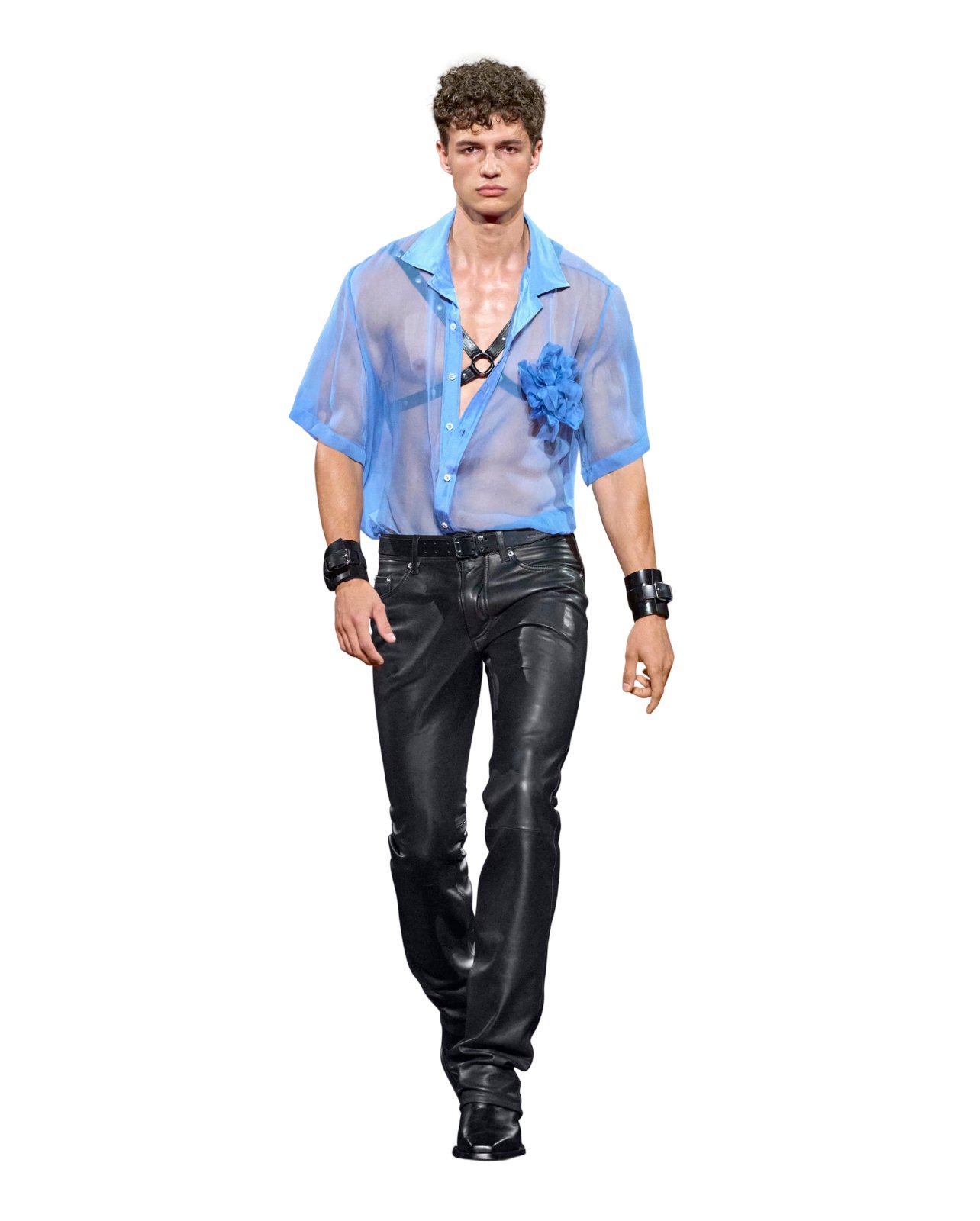 DSquared2 model wearing a dusty baby blue chiffon bowling shirt and black leather pants