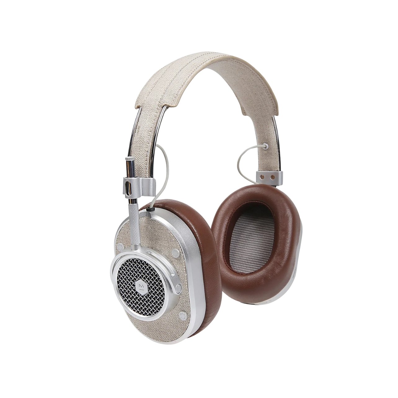 Eleventy wireless headphones in tan linen and brown leather with silver accents