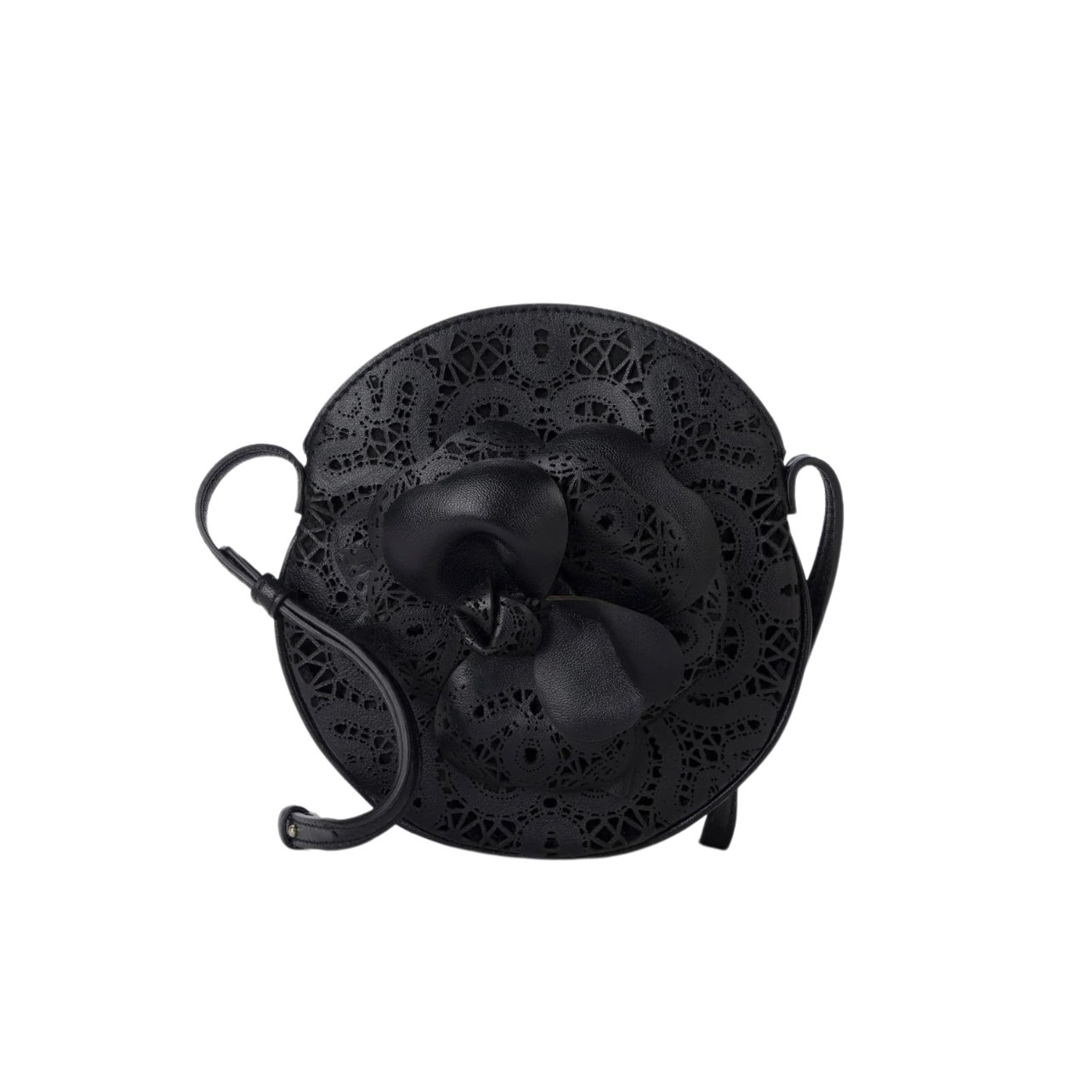Elisabetta Franchi black leather circular purse with an embroidered flower