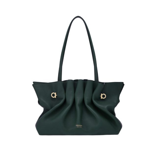 Ferragamo moss green shoulder bag made of soft nappa leather and gold hardware
